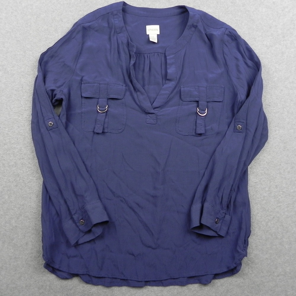Chico's Top Womens 1 Utility Blouse Pockets V-Neck Blue Roll Tab Long Sleeve